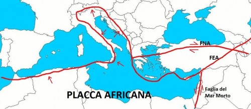 Il confine tra la placca africana e quella europea nel Mediterraneo. Le frecce indicano il movimento delle placche.