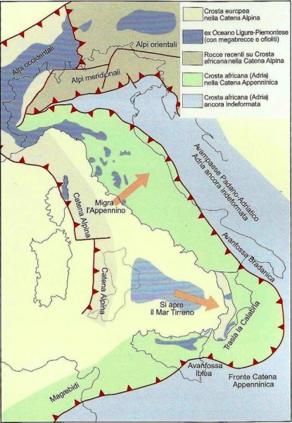 Questa bellissima carta, tratta dal libro SI forma, SI deforma, SI modella di C. Venturini, mostra le principali zone dello stivale in cui la placca africana va in subduzione sotto l’Europa (linee rosse a  triangoli).